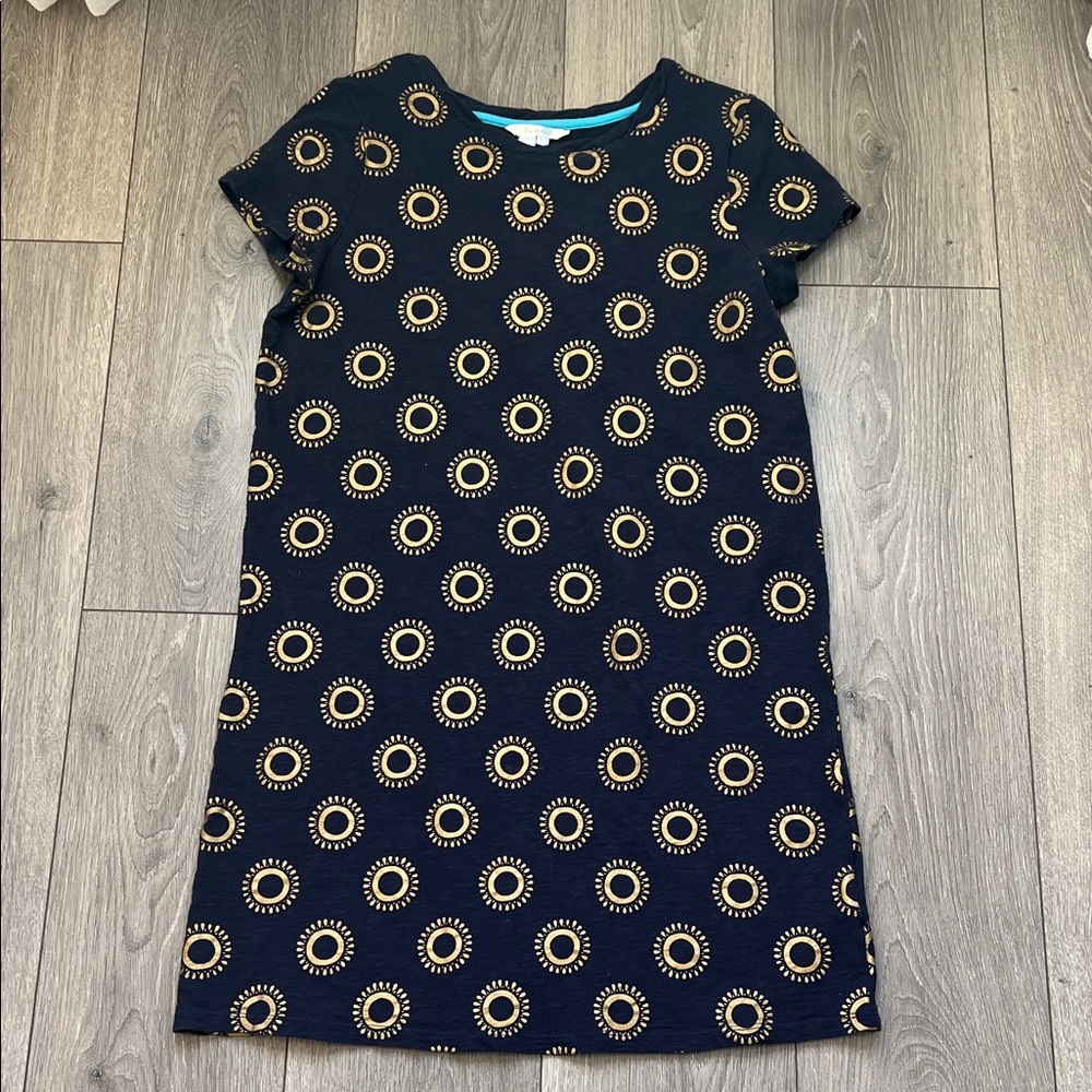 Boden, Sz 8, navy blue 100% cotton dress with gold medallions, summer, travel